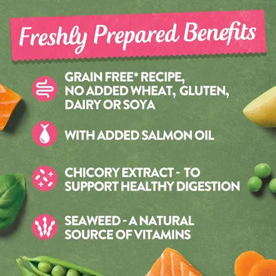 Freshly prepared benefits: grain free recipe with no added wheat, gluten, dairy or soya; added salmon oil; chicory extract for healthy digestion; seaweed as a natural vitamin source.