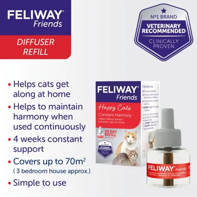 Feliway Friends diffuser refill. Helps cats get along at home, maintain harmony with continuous use, offers 4 weeks support, covers up to 70m², simple to use, veterinary recommended.