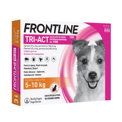 FRONTLINE TRI-ACT roztwór do nakrapiania dla psów 5–10 kg, 3 x 1 ml. Fipronil 67,6 mg, permetryna 504,8 mg. Nie stosować u kotów. Boehringer Ingelheim.