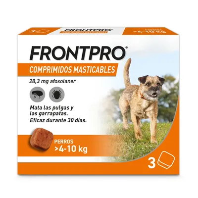 Frontpro comprimidos masticables, 28,3 mg de afoxolaner. Eficaz contra pulgas y garrapatas para perros de 4-10 kg. Efectivo durante 30 días. Paquete de 3 comprimidos.