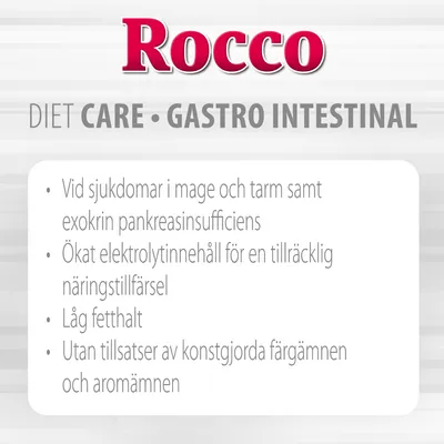 Rocco DIET CARE GASTRO INTESTINAL: Vid sjukdomar i mage och tarm, ökat elektrolytinnehåll, låg fetthalt, utan tillsatser av konstgjorda färgämnen och aromämnen.