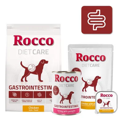 Rocco Diet Care Gastrointestinal. Getreidefreie Rezeptur, leicht verdaulich, fettarm. Varianten: Huhn mit Pastinake, Pute mit Kürbis. Verpackungen: Trockenfutter, Nassfutter, Schale.