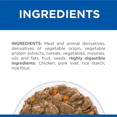 Tekst på engelsk: INGREDIENTS: Meat and animal derivatives, derivatives of vegetable origin, vegetable protein extracts, cereals, vegetables, minerals, oils and fats, fruit, seeds. Highly digestible ingredients: Chicken, pork liver, rice starch, rice flour.