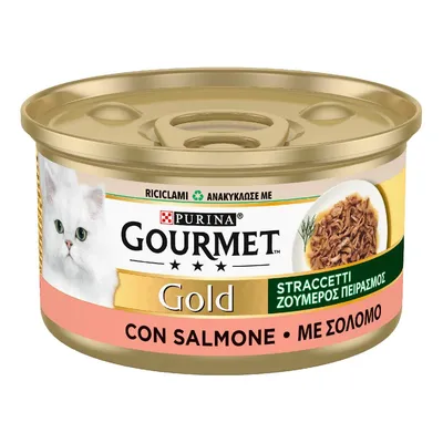 Scatoletta Purina Gourmet Gold straccetti con salmone, immagine di un gatto bianco e del prodotto, testo: ricicliami, straccetti, con salmone.