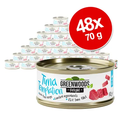 Greenwoods Tuna Temptation, 48x70g pločevinke, brez žit, omejene sestavine, 75% fileja tune.