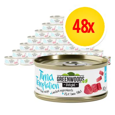 Pack of 48 Greenwoods Delight Tuna Temptation cans, grain-free recipe with limited ingredients and 75% tuna fillet, as shown on the product label.