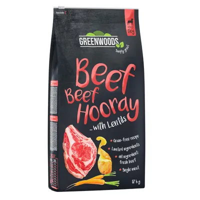 Greenwoods Beef Beef Hooray mit Linsen, getreidefreie Rezeptur, frisches Rindfleisch, limitierte Zutaten, Single Meat. 12 kg für erwachsene Hunde.
