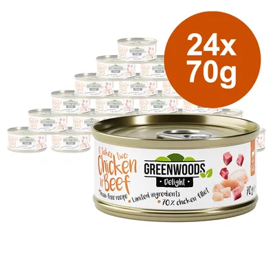 Greenwoods Delight mokra hrana za živali, okus Chicken in Beef, 24 pločevink po 70g. Brez žit, 70 % piščančjega fileja, omejene sestavine.