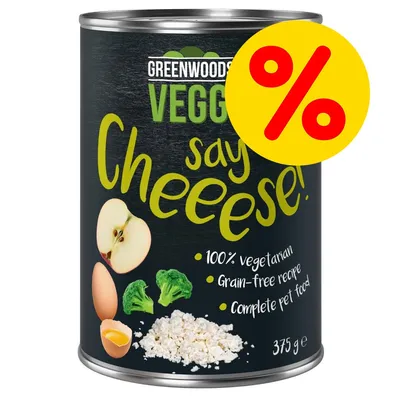 Greenwoods Veggie Say Cheeese! 100% vegetarian, receta sin cereales, alimento completo para mascotas, 375 g. Imagen de manzana, huevo, brócoli y queso. Símbolo de porcentaje en amarillo.