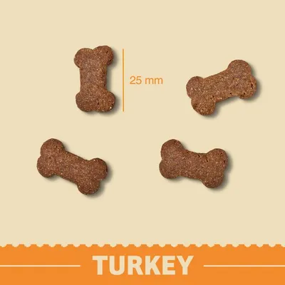 Bone-shaped turkey treats shown with a size reference of 25 mm.