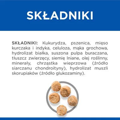 Składniki: kukurydza, pszenica, mięso kurczaka i indyka, celuloza, mąka grochowa, hydrolizat białka, suszona pulpa buraczana, tłuszcz zwierzęcy, siemię lniane, olej roślinny, minerały, chrząstka wieprzowa, hydrolizat muszli skorupiaków.