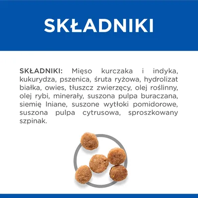 SKŁADNIKI: Mięso kurczaka i indyka, kukurydza, pszenica, śruta ryżowa, hydrolizat białka, owies, tłuszcz zwierzęcy, olej roślinny, olej rybi, minerały, suszona pulpa buraczana, siemię lniane, suszone wytłoki pomidorowe, suszona pulpa cytrusowa, sproszkowany szpinak.
