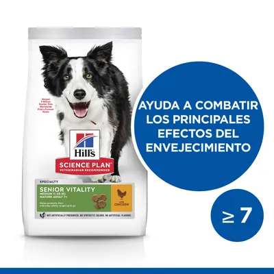 Hill's Science Plan Senior Vitality Medium 11–25 kg Mature Adult 7+ con pollo. Ayuda a combatir los principales efectos del envejecimiento. ≥7.