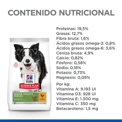 Hill's Science Plan Senior Vitality pollo para perros. Contenido nutricional: proteínas 19,5 %, grasas 12,7 %, fibra 1,6 %, omega-3 0,8 %, omega-6 3,6 %, vitaminas A, D3, E, C y betacaroteno.