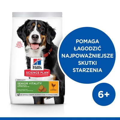 Hill's Science Plan Senior Vitality Large 25 kg+ Mature Adult 6+ z kurczakiem. Napis: Pomaga łagodzić najpoważniejsze skutki starzenia. Odpowiednie dla psów 6+.
