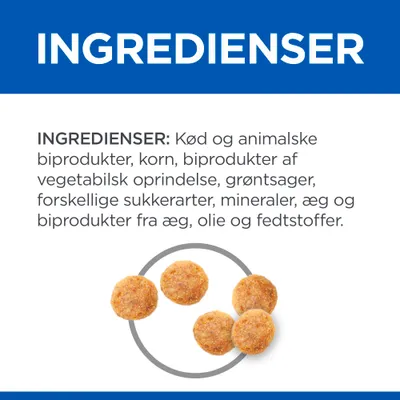 INGREDIENSER: Kød og animalske biprodukter, korn, biprodukter af vegetabilsk oprindelse, grøntsager, forskellige sukkerarter, mineraler, æg og biprodukter fra æg, olie og fedtstoffer.