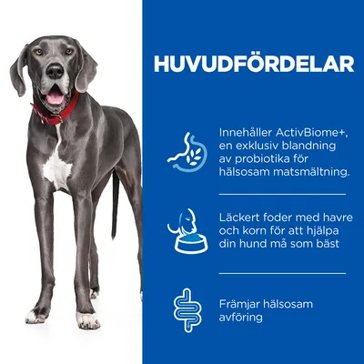 HUVUDFÖRDELAR: Innehåller ActivBiome+, en exklusiv blandning av probiotika för hälsosam matsmältning. Läckert foder med havre och korn. Främjar hälsosam avföring.
