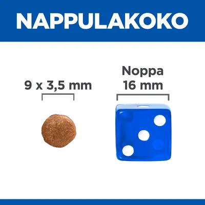 Nappulakoko: nappula 9 x 3,5 mm, vertailun vuoksi sininen noppa 16 mm. Tekstit: 'NAPPULAKOKO', '9 x 3,5 mm', 'Noppa 16 mm'.