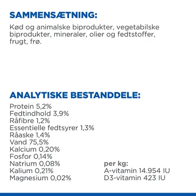 Sammensætning: kød og animalske biprodukter, vegetabilske biprodukter, mineraler, olier og fedtstoffer, frugt, frø. Analytiske bestanddele: protein 5,2 %, fedt 3,9 %, fibre 1,2 %, vand 75,5 % m.m.