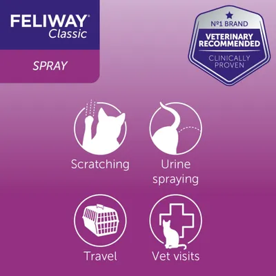 Feliway Classic Spray, clinically proven and veterinary recommended, shown for use with scratching, urine spraying, travel, and vet visits.