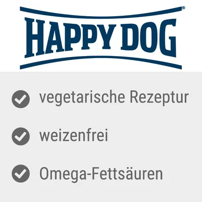 Happy Dog. Text in German: vegetarische Rezeptur, weizenfrei, Omega-Fettsäuren.