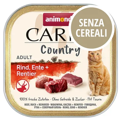 Animonda Carny Country Adult Rind, Ente + Rentier. Senza cereali. Immagine di carne e gatto. 100% fresche Zutaten, Ohne Getreide & Zucker, Mit Taurin.