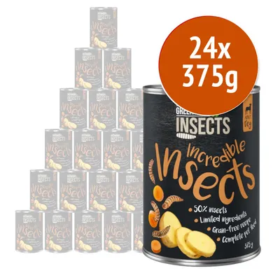 Green Petfood Incredible Insects, confezione da 24 lattine da 375 g. Testo visibile: 50% insects, limited ingredients, grain-free recipe, complete pet food.