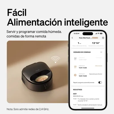 Dispensador automático de comida húmeda con control por aplicación, visualización de los horarios de alimentación y símbolo de Wi-Fi. Aviso: solo se admiten redes de 2,4 GHz. Dispensador automático de comida húmeda con control por aplicación, visualización de los horarios de alimentación y símbolo de Wi-Fi. Aviso: solo se admiten redes de 2,4 GHz.