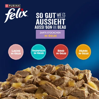 Jumbopack Felix "Aussi bon que beau" 120 x 85 g pour chat - lot mixte II viande (bœuf, saumon, poulet, thon) Jumbopack Felix "Aussi bon que beau" 120 x 85 g pour chat - lot mixte II viande (bœuf, saumon, poulet, thon)