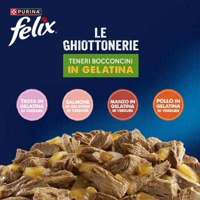 Felix Le Ghiottonerie in gelatina 24 x 85 g - Varietà con verdure (Manzo e Carote, Pollo, Salmone, Trota) Felix Le Ghiottonerie in gelatina 24 x 85 g - Varietà con verdure (Manzo e Carote, Pollo, Salmone, Trota)