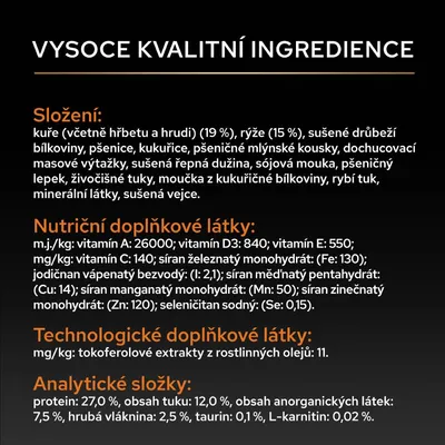 Prísady: kuracie 19%, ryža 15%, sušený hydinový proteín, pšenica, kukurica, sójová múka. Analytické zložky: proteín 27%, tuk 12%, surová vláknina 2,5%. Vitamíny a minerálne látky sú uvedené v zozname. Prísady: kuracie 19%, ryža 15%, sušený hydinový proteín, pšenica, kukurica, sójová múka. Analytické zložky: proteín 27%, tuk 12%, surová vláknina 2,5%. Vitamíny a minerálne látky sú uvedené v zozname.