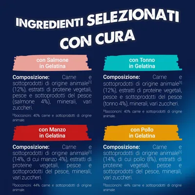 Maxi formato: Felix Le Ghiottonerie 120 x 85 g - Varietà di carne & pesce (Manzo, Salmone, Pollo, Tonno) Maxi formato: Felix Le Ghiottonerie 120 x 85 g - Varietà di carne & pesce (Manzo, Salmone, Pollo, Tonno)