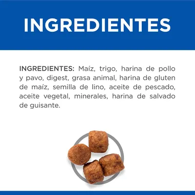 INGREDIENTES: Maíz, trigo, harina de pollo y pavo, digest, grasa animal, harina de gluten de maíz, semilla de lino, aceite de pescado, aceite vegetal, minerales, harina de salvado de guisante.
