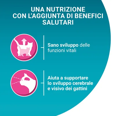 UNA NUTRIZIONE CON L’AGGIUNTA DI BENEFICI SALUTARI. Sano sviluppo delle funzioni vitali. Aiuta a supportare lo sviluppo cerebrale e visivo dei gattini.