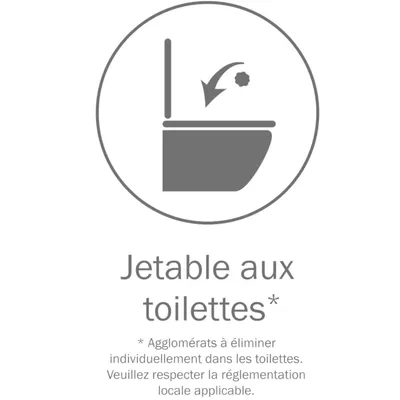 Jetable aux toilettes. Agglomérats à éliminer individuellement dans les toilettes. Veuillez respecter la réglementation locale applicable.