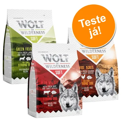 Três embalagens de ração Wolf of Wilderness Soft, variedades Green Fields, High Valley e Wide Acres, cada uma com 1 kg. Texto visível: 'Teste já!'.