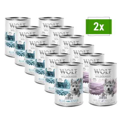 Wolf of Wilderness Junior wet food, varieties Blue River with salmon & chicken and Wild Hills with duck & veal, 2x multipack, 100% natural ingredients.