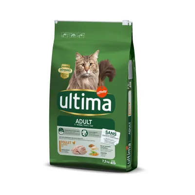 Sac de croquettes pour chat Ultima Adult 1–10 ans, poulet, 7,5 kg. Mention « SANS colorants, conservateurs ni sucres ajoutés ». Marque affinity. Image d’un chat sur l’emballage.