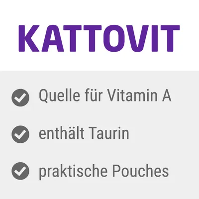 KATTOVIT. Quelle für Vitamin A, enthält Taurin, praktische Pouches (texte en allemand).