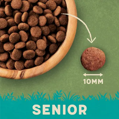 Kibble size shown as 10mm diameter, with a bowl of kibble and the word 'Senior' displayed below.