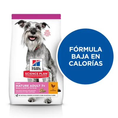 Hill's Science Plan Light Mature Adult 7+ Small & Mini up to 10 kg con pollo. Fórmula baja en calorías. Texto en inglés: Low calorie formula with powerful antioxidants for older small dogs.