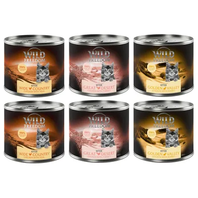 Wild Freedom Kitten wet food, varieties: Wide Country (chicken with veal), Great Desert (chicken with turkey), Golden Valley (chicken with rabbit), 200g cans, 100% grain-free.