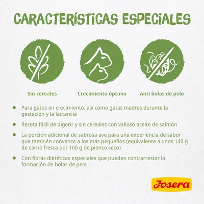 Características especiales Josera: sin cereales, crecimiento óptimo, anti bolas de pelo. Para gatos en crecimiento y madres, receta fácil de digerir con aceite de salmón y fibras dietéticas.