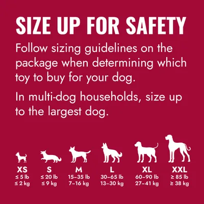 Priporočilo za velikost pasje igrače: XS do 2 kg, S do 9 kg, M 7–16 kg, L 13–30 kg, XL 27–41 kg, XXL nad 38 kg. Če imate več psov, izberite največjo velikost.