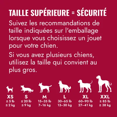 Tableau des tailles pour jouets pour chien : de XS à XXL, avec des indications de poids allant de moins de 2, kg à plus de 38, kg. Recommandation : choisir une taille plus grande et, en cas de plusieurs chiens, utiliser la taille adaptée au plus grand chien. Tableau des tailles pour jouets pour chien : de XS à XXL, avec des indications de poids allant de moins de 2, kg à plus de 38, kg. Recommandation : choisir une taille plus grande et, en cas de plusieurs chiens, utiliser la taille adaptée au plus grand chien.