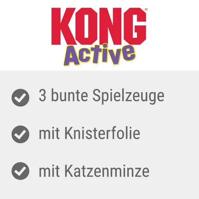 KONG Active. 3 bunte Spielzeuge, mit Knisterfolie, mit Katzenminze. Texte en allemand.