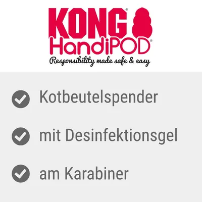 KONG HandiPOD, Responsibility made safe & easy. Kotbeutelspender, mit Desinfektionsgel, am Karabiner. Texte en allemand.
