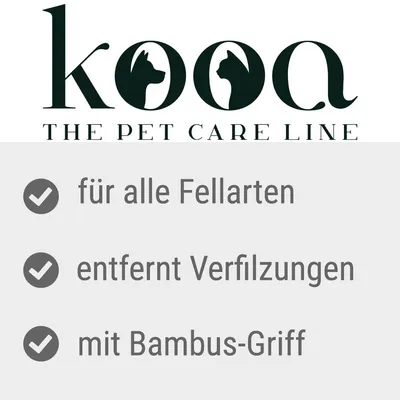 kooa THE PET CARE LINE. Текст на немецком: für alle Fellarten, entfernt Verfilzungen, mit Bambus-Griff.
