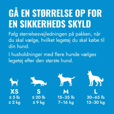 Størrelsestabel for hundelegetøj: XS op til 2, kg, S op til 9, kg, M 7–16, kg, L 13–30, kg. Anbefaling: Hvis du har flere hunde, vælg legetøjet efter den største hund. Størrelsestabel for hundelegetøj: XS op til 2, kg, S op til 9, kg, M 7–16, kg, L 13–30, kg. Anbefaling: Hvis du har flere hunde, vælg legetøjet efter den største hund.