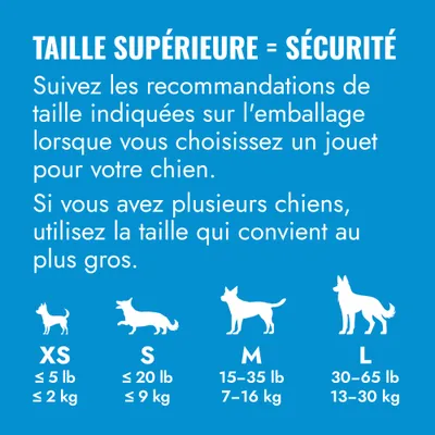 Tableau des tailles pour jouets pour chien : xs jusqu'à 2 kg, s jusqu'à 9 kg, m 7–16 kg, l 13–30 kg. Recommandation : choisir une taille plus grande, pour plusieurs chiens utiliser la taille adaptée au plus grand chien. Tableau des tailles pour jouets pour chien : xs jusqu'à 2 kg, s jusqu'à 9 kg, m 7–16 kg, l 13–30 kg. Recommandation : choisir une taille plus grande, pour plusieurs chiens utiliser la taille adaptée au plus grand chien.